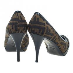 Pre Owned Fendi Tobacco Zucca Canvas and Leather Cutout Almond Toe Platform Pumps Size 37