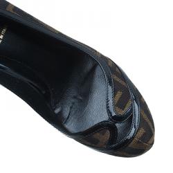 Pre Owned Fendi Tobacco Zucca Canvas and Leather Cutout Almond Toe Platform Pumps Size 37