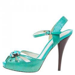 Pre Owned Fendi Turquoise Python Embossed Slingback Platform Sandals Size 39