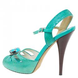 Pre Owned Fendi Turquoise Python Embossed Slingback Platform Sandals Size 39