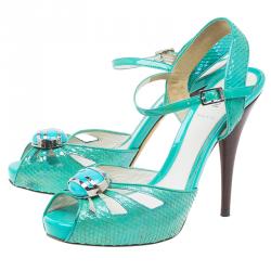 Pre Owned Fendi Turquoise Python Embossed Slingback Platform Sandals Size 39
