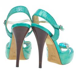 Pre Owned Fendi Turquoise Python Embossed Slingback Platform Sandals Size 39