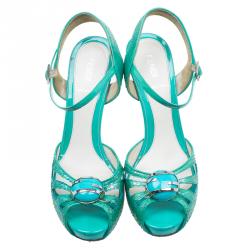 Pre Owned Fendi Turquoise Python Embossed Slingback Platform Sandals Size 39