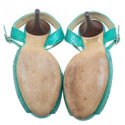 Pre Owned Fendi Turquoise Python Embossed Slingback Platform Sandals Size 39