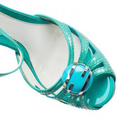 Pre Owned Fendi Turquoise Python Embossed Slingback Platform Sandals Size 39
