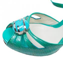 Pre Owned Fendi Turquoise Python Embossed Slingback Platform Sandals Size 39