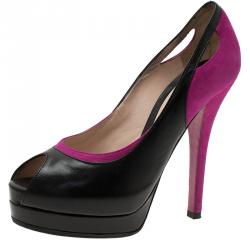 Pre Owned Fendi Black Leather and Purple Suede Cutout Peep Toe Platform Pumps Size 39