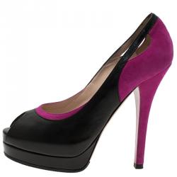 Pre Owned Fendi Black Leather and Purple Suede Cutout Peep Toe Platform Pumps Size 39