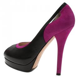 Pre Owned Fendi Black Leather and Purple Suede Cutout Peep Toe Platform Pumps Size 39