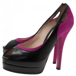 Pre Owned Fendi Black Leather and Purple Suede Cutout Peep Toe Platform Pumps Size 39
