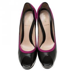 Pre Owned Fendi Black Leather and Purple Suede Cutout Peep Toe Platform Pumps Size 39
