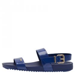 Pre Owned Fendi Blue Patent Double Banded Flat Sandals Size 40