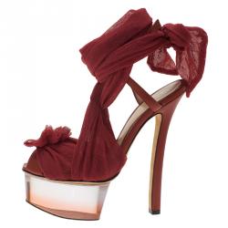 Pre Owned Fendi Red Chiffon and Leather Ankle Strap Platform Sandals Size 37.5