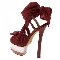 Pre Owned Fendi Red Chiffon and Leather Ankle Strap Platform Sandals Size 37.5