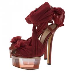 Pre Owned Fendi Red Chiffon and Leather Ankle Strap Platform Sandals Size 37.5