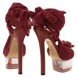 Pre Owned Fendi Red Chiffon and Leather Ankle Strap Platform Sandals Size 37.5