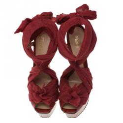 Pre Owned Fendi Red Chiffon and Leather Ankle Strap Platform Sandals Size 37.5