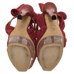 Pre Owned Fendi Red Chiffon and Leather Ankle Strap Platform Sandals Size 37.5