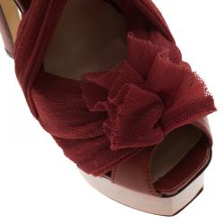 Pre Owned Fendi Red Chiffon and Leather Ankle Strap Platform Sandals Size 37.5