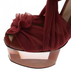 Pre Owned Fendi Red Chiffon and Leather Ankle Strap Platform Sandals Size 37.5