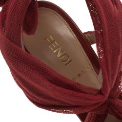 Pre Owned Fendi Red Chiffon and Leather Ankle Strap Platform Sandals Size 37.5