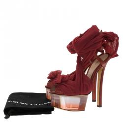 Pre Owned Fendi Red Chiffon and Leather Ankle Strap Platform Sandals Size 37.5