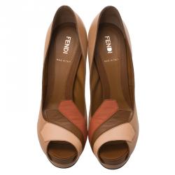 Pre Owned Fendi Tri Color Leather Peep Toe Platform Pumps Size 37.5 
