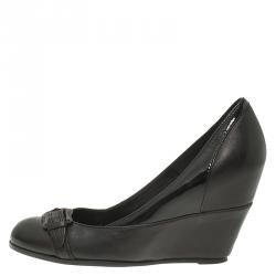 Pre Owned Fendi Black Leather and Patent Buckle Detail Wedge Pumps Size 39.5