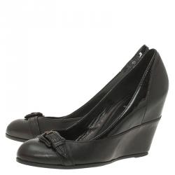 Pre Owned Fendi Black Leather and Patent Buckle Detail Wedge Pumps Size 39.5