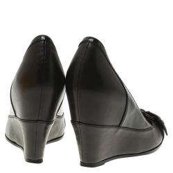 Pre Owned Fendi Black Leather and Patent Buckle Detail Wedge Pumps Size 39.5