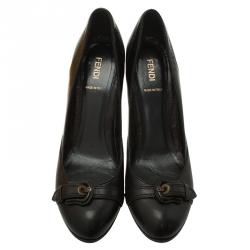 Pre Owned Fendi Black Leather and Patent Buckle Detail Wedge Pumps Size 39.5