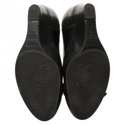 Pre Owned Fendi Black Leather and Patent Buckle Detail Wedge Pumps Size 39.5