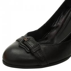 Pre Owned Fendi Black Leather and Patent Buckle Detail Wedge Pumps Size 39.5