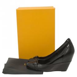 Pre Owned Fendi Black Leather and Patent Buckle Detail Wedge Pumps Size 39.5