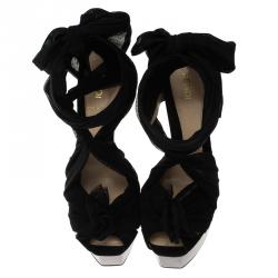 Fendi Black Suede and Chiffon Flower Detail Ankle Strap Platform Sandals Size 38