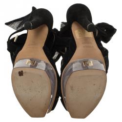 Fendi Black Suede and Chiffon Flower Detail Ankle Strap Platform Sandals Size 38