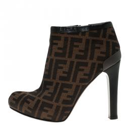 Pre Owned Fendi Brown Zucca Canvas and Leather Ankle Boots Size 38