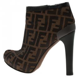 Pre Owned Fendi Brown Zucca Canvas and Leather Ankle Boots Size 38
