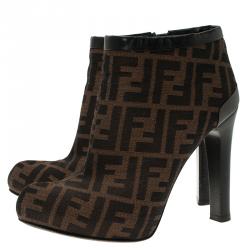 Pre Owned Fendi Brown Zucca Canvas and Leather Ankle Boots Size 38