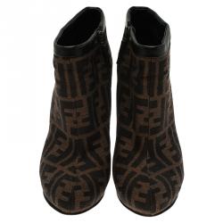 Pre Owned Fendi Brown Zucca Canvas and Leather Ankle Boots Size 38