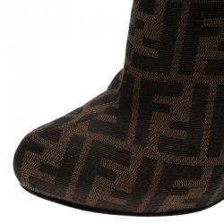 Pre Owned Fendi Brown Zucca Canvas and Leather Ankle Boots Size 38