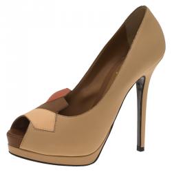 Pre Owned Fendi Tri Color Leather Peep Toe Platform Pumps Size 38