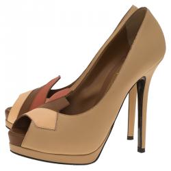 Pre Owned Fendi Tri Color Leather Peep Toe Platform Pumps Size 38