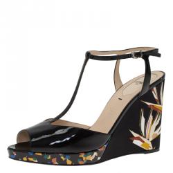 Pre Owned Fendi Black Patent Bird Of Paradise T Strap Wedge Sandals Size 39