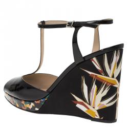 Pre Owned Fendi Black Patent Bird Of Paradise T Strap Wedge Sandals Size 39