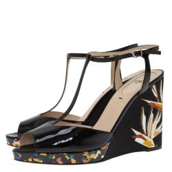 Pre Owned Fendi Black Patent Bird Of Paradise T Strap Wedge Sandals Size 39