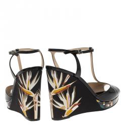 Pre Owned Fendi Black Patent Bird Of Paradise T Strap Wedge Sandals Size 39
