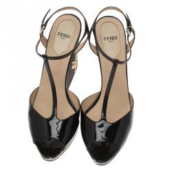 Pre Owned Fendi Black Patent Bird Of Paradise T Strap Wedge Sandals Size 39