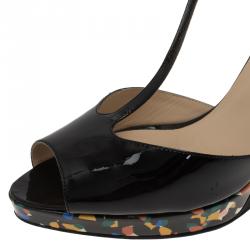 Pre Owned Fendi Black Patent Bird Of Paradise T Strap Wedge Sandals Size 39