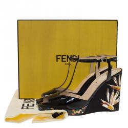 Pre Owned Fendi Black Patent Bird Of Paradise T Strap Wedge Sandals Size 39